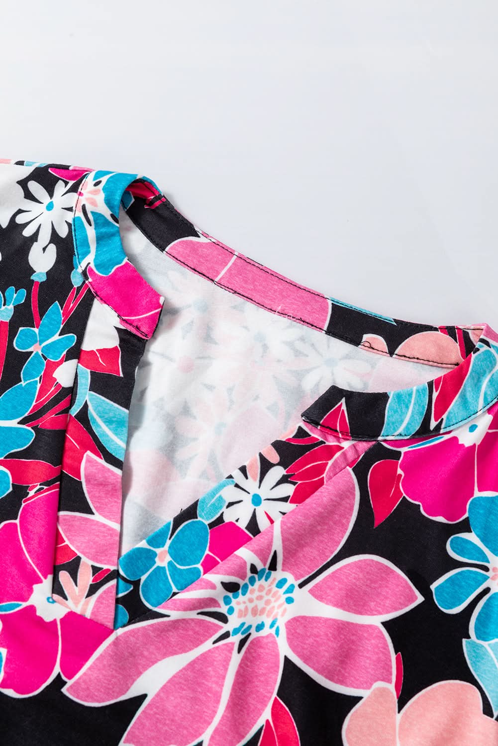 Pink Floral V Neck Roll Tab Sleeve Blouse - Love Salve